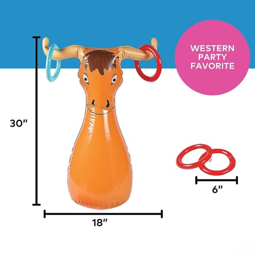 Fun Express Inflatable Bull Ring Toss Game - Premium Outdoor Games for Kids Ages 4-8 & Family | Western Carnival Party Games with 6 Rings - Backyard Lawn Games for Birthday Parties