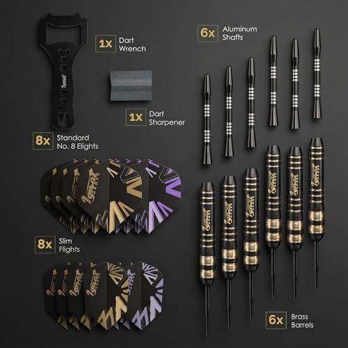 Steel Tip Darts, 6 Pack Knurled Brass Barrels with EVA Case, Darkborn | 16 GlideXPro 130 micron flights, aluminum shafts w/ O-rings, sharpener, dart tool, ebook, 10-yr warranty - color: Lilac - Dark Avenger