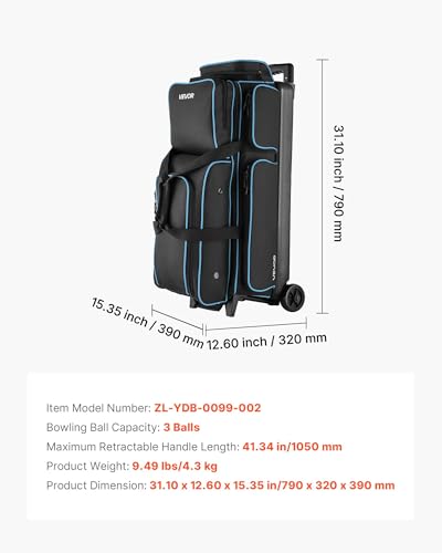 VEVOR Bowling Ball Bag, 3 Ball Double Roller Bowling Bag with Wheels, Featuring a Separate Compartment for Shoes (Up To US Size 16) & Oversized Accessory Pocket, Retractable Handle Extends to 41.34 in - style: Black-blue