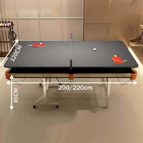 2-in-1 Pool & Ping Pong Table with Foldable Legs, Pool Table, Brass/Carbon Steel,Small Pockets for Pro Training & Family Fun - size: B 200CM Carbon Steel