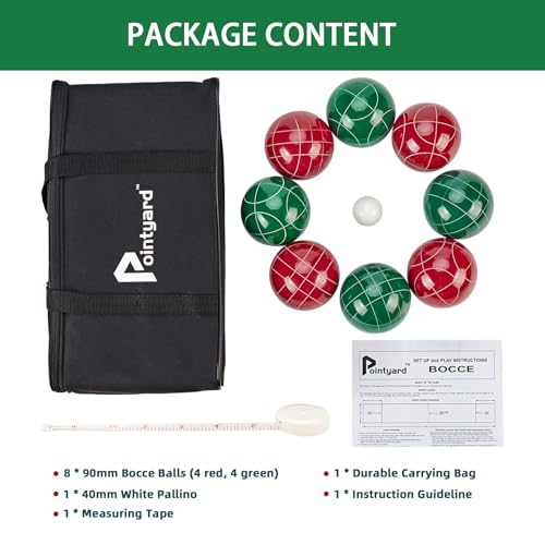 Bocce Ball Set 90mm Regulation Size - 8 Premium Resin Balls with Pallino, Carrying Bag, Measuring Tape - Outdoor Lawn Game for Adults, Seniors, Family - Backyard Beach Park Yard Game