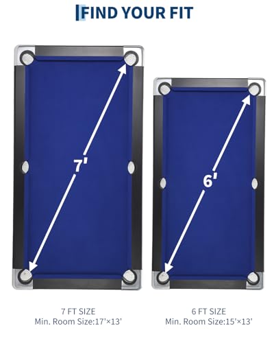 6,7 Foot Foldable Pool Table, Portable Billiards Table with Full Accessories Set, No Assembly, Metal k-Shaped Legs, Includes 16 Balls, 2 Cue Sticks, Chalk, Rack & Brush, Game Room Table for Home, Apar - size: Blue-6FT