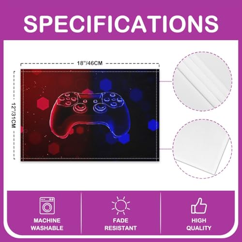 Erosebridal Gamepad 4 PCS of Placemats 12x18 Joystick Place Mat for Dining Table Boys Geometric Neon Gamer Non Slip Table Mats Red Blue Lights Modern - color: Red Blue
