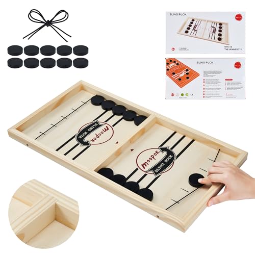 moopok Fast Sling Puck Game - Fast Action Super Foosball Table Desktop Battle Slingshot Wooden Air Hockey Board Game -Guaranteed Fun for Family Game Night or Friends Party - size: (Standard) Medium