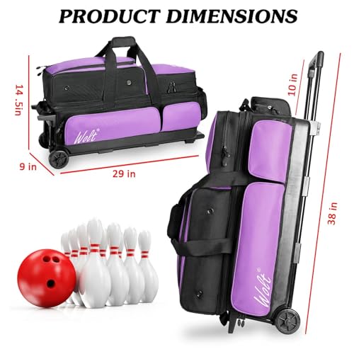 WOLT 3 Ball Bowling Bags with Wheels,Bowling Ball Bag 3 Ball Roller with Separate Shoe Compartment and Accessory Pocket, Retractable Handle Extends to 38’’ - color: Purple