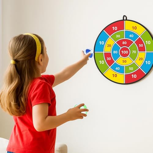 Youth Dart Board, 14.2 in / 36 cm Large Size with 3 Sticky Balls, Indoor Outdoor Game Toy, Safe Flannel Surface, Numbered Design, Birthday Gift for Kids