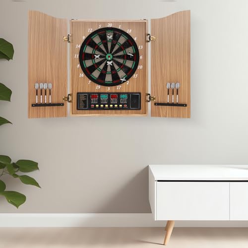 Dart Board Cabinet Set, 27 Different Games, 243 Game Variations, up to 16 Players, Electronic Dart Machine with 12 Darts, for Game Rooms Man Caves Offices - size: Yellow