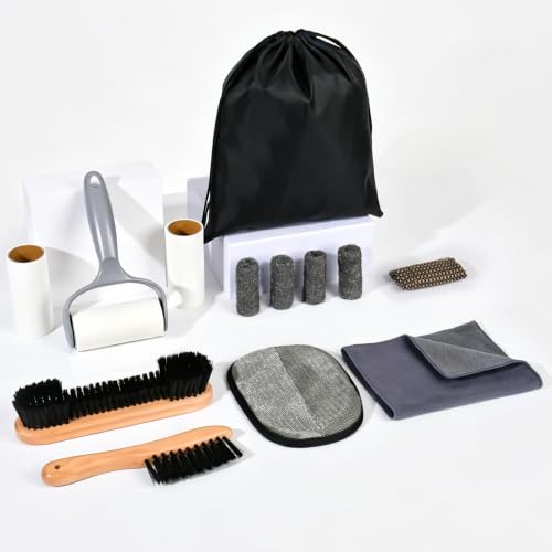 Tuhangcc 12PCS Complete Pool Table Brush Set All-in-One Cleaning Kit with 2 Sizes Wooden Brushes Lint Roller 2 Refills Plush Glove 4 Cue Sponges Suede Cloth Waterproof Storage Bag for Billiard Rooms
