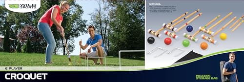 Wild Sports Croquet Set for 6 Players - Includes 6 Mallets, 6 Balls, 2 Stakes, 9 Wickets, Storage Bag - All Ages - Outdoor