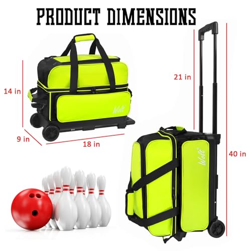 WOLT Double Roller 2 Ball Bowling Bag with Separate Shoe Compartment, Large Capacity Bowling Ball Bag with Accessory Pocket, Retractable Handle Extends to 40" - color: LemonGreen
