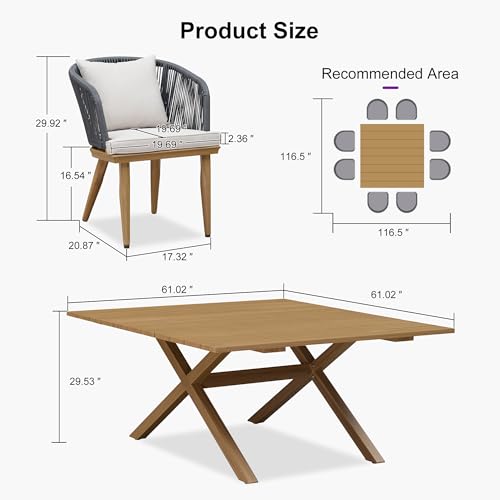 PURPLE LEAF 9 Pieces Outdoor Metal Furniture Set Patio Conversation Sets Wood Pattern Dining Set, 1 Dining Table and 8 Modern Chairs with Cushions Seat - color: Teak, size: 9 Pcs, style: Square