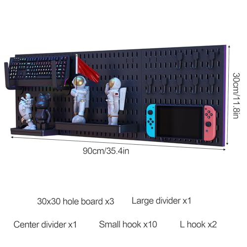 Black Punchboard, Hanging Board Combo Kit, Bedroom Storage Rack, No Drilling Required, Study/Gaming Room Wall-Mounted Modular Shelving Display Panels(11.8x35.4in) - size: 11.8x35.4in