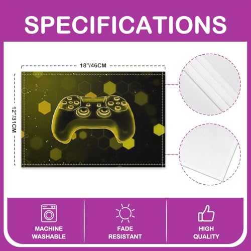 Erosebridal Boys Gaming 4 PCS of Placemats 12x18 Joystick Place Mat for Dining Table Hexagon Spots Non Slip Table Mats Yellow Modern Honeycomb - color: Yellow