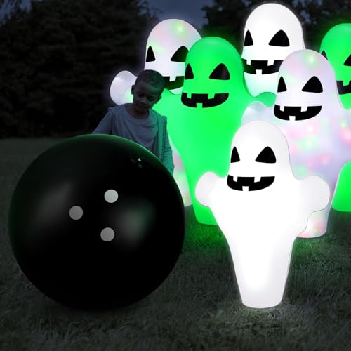 WinnerWhy 7 Pcs LED Giant Halloween Inflatable Ghost Bowling Set Light up Game 6 Pcs 27" Ghost Bowling Pins and 1 Pcs 24" Ball for Adult Halloween Outdoor Indoor Party