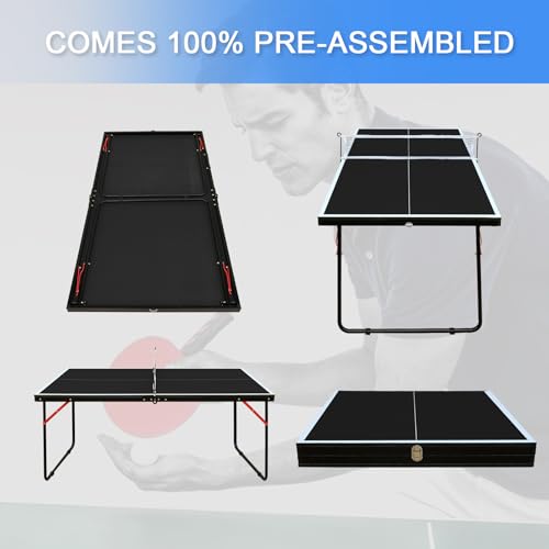 KEIKI 4.5FT Foldable Ping Pong Table, Portable Table Tennis Table with Net & Paddles, Compact Indoor Game Table for Home, Office, Party, Space-Saving Ping Pong Table - color: Black