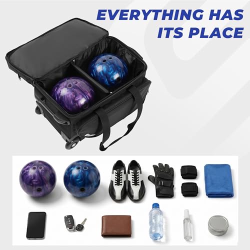 Bowling Roller Bag with Wheels, Rolling Bowling Ball Bag with Shoe Compartment, Retractable Handle, EVA Dividers - color: Black, size: Single Bag
