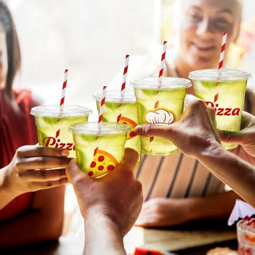 Newtay 60 Pcs 12oz Pizza Party Disposable Cups Bulk Pizza-themed Plastic Cups with Lids Straws Italian Party Favors for Birthday Baby Shower Decorations - style: Pizza