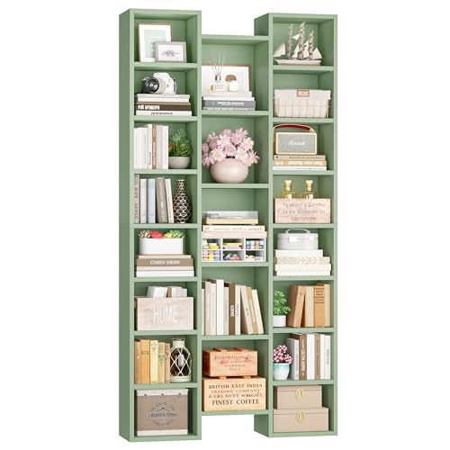 FOTOSOK 71'' Tall Bookshelf with 21 Cubes, 8 Tier Triple Wide Bookshelf with 8 Adjustable Shelves, 35" Large Bookcase DVD/CD Media Tower Storage, Freestanding Display Shelf Cabinet, Green - color: Green