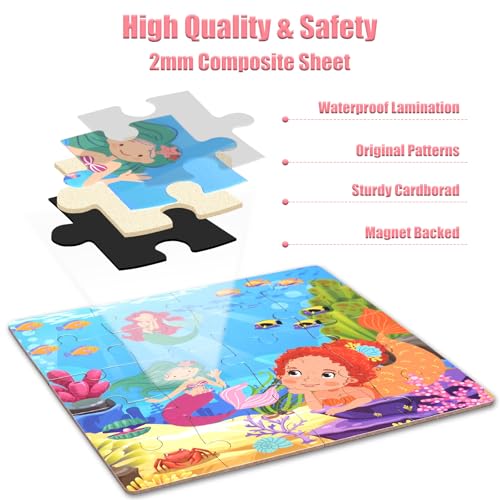 Magnetic Puzzles for Kids 3-5, 3-in-1 Princess Unicorn Mermaid Travel Puzzles for Kids Ages 4-6, Car Airplane Road Trip Activities Toys, Gifts for Girls