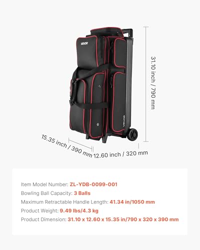 VEVOR Bowling Ball Bag, 3 Ball Double Roller Bowling Bag with Wheels, Featuring a Separate Compartment for Shoes (Up To US Size 16) & Oversized Accessory Pocket, Retractable Handle Extends to 41.34 in - style: Black-red