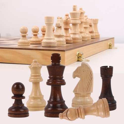 Ajedrez Magnetic Wooden Chess Set with Staunton Pieces, 15" Solid Wood Folding Chess Board with 2 Extra Queens, Internal Storage Slots for Adults Kids, Gift Box - color: Natural Wood Color
