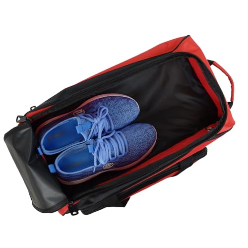 ELITE Deluxe 2 Ball Bowling Bag with 5" Smooth Wheels - Large Accessory Pocket, Shoe Compartment, 36" Extendable Handle - color: Red