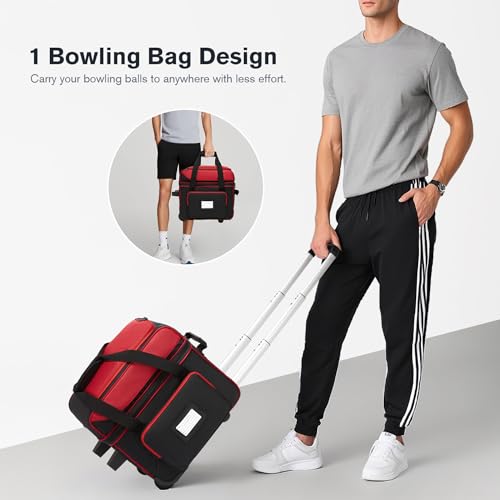 Single Roller Bowling Bag with Wheels, 1 Bowling Ball Bag with Separate Shoe Compartment and Retractable Handle Extends to 37.0 Inches, Padded Foam Ball Insert - color: Red