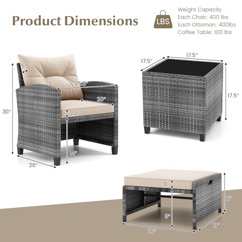 Tangkula 5 Pieces Patio Conversation Set, PE Wicker Rattan Outdoor Furniture Set with 2 Chairs, 2 Ottomans & Tempered Glass Coffee Table, Ideal for Poolside, Backyard, Lawn, Deck, Mix Grey & Beige - color: Mix Grey & Beige