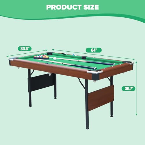 Ditkoko Billiard Table, 64" Folding Pool Table with with Balls, Cues, Chalk, Brush and Triangle, Pool Table Set for Family Game Room, Adult Rrec Room, Basements, Man cave or Garage - color: Green & Brown