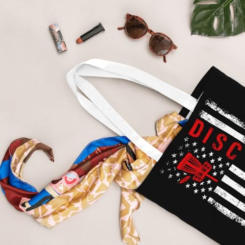 NIENIE American Flag Disc Golf Tote Bag for Women Shopping Bags Reusable Large Capacity Casual Shoulder Handbags DIY Gift Bags Cute Canvas Tote Bag