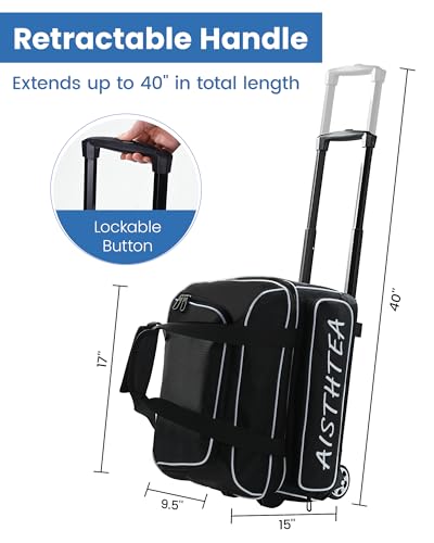 2 Ball Bowling Bag with Wheels, Bowling Bags 2 Ball Roller - 1680D Reinforced Oxford, Bowling Ball Bag with Separate Shoe Compartment & Retractable Handle Extends to 40'' - color: Black and White