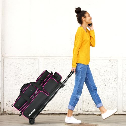 Goloni 3 Ball Bowling Bags with Wheels - Rolling Bowling Bag for 3 Balls & Accessories - Retractable Handle Extends to 38 - color: pink