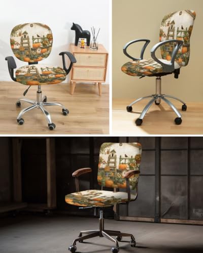 Savannan Office Chair Cover, Fall Thanksgiving Pumpkin Leaves Protective Stretch Elastic Universal Cover for Desk Task Chair,Computer Rotating Chair 1 Pcs Vintage Wooden Cottage