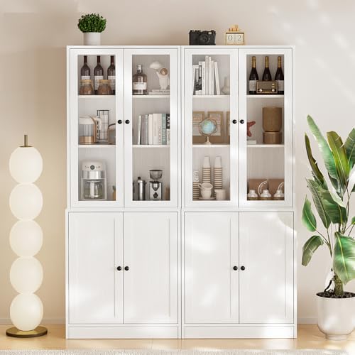 TUSY 71" TV Stand Storage Set - 2 Tall Bookcases & 2 Side Cabinets, Media Console with Glass & Wood Doors, Entertainment Center with Drawers, Tall Media Console for Living Room (White, AEEA) - color: White