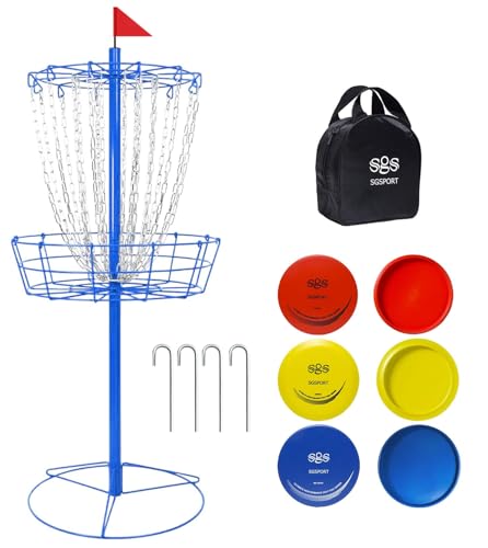 Disc Golf Basket - Portable Disc Golf Target with Heavy Duty 24-Chains Come with 6pcs Disc Golf Discs and Carry Bag, Ground Stake -Suitable for Players of All Levels - Multi Color Available - style: Basic-Blue - 6 Pcs