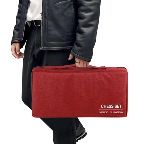 15" Magnetic Chess Set with Foldable Board & Travel Bag - Professional Wooden Chess Game, Luxury Storage Bag - Perfect Christmas/Birthday for Men, Dad (Chess Set + Bag) - color: Red