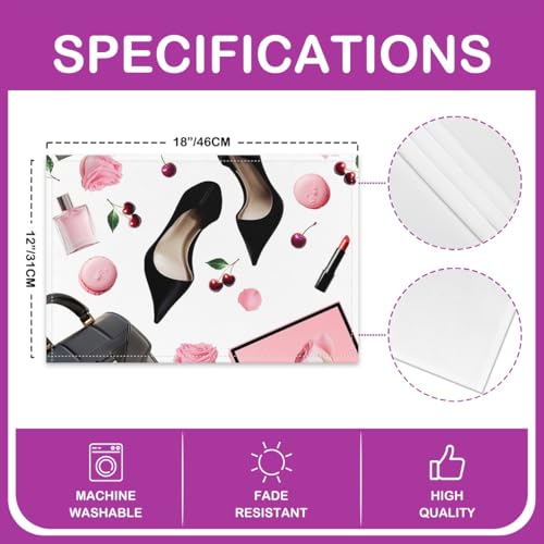 Erosebridal High Heel Placemats Set of 4 12x18 Handbag Place Mat for Girls Women Macarons Rose Cherry Fantasy White Pink Black Heat Resisting Table Mats - color: White Pink Black