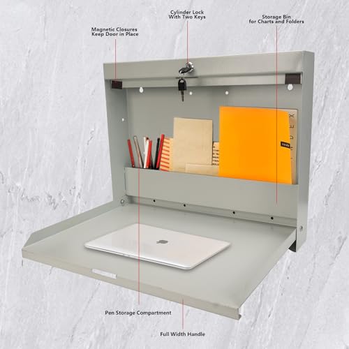 Wall Mounted Storage Rack with Locking Fold Down Shop Desk, Space Saving Table with Storage Shelves 20" W x 3-3/8"D (Tan)