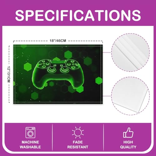 Erosebridal Gamer Boys 4 PCS of Placemats 12x18 Video Game Place Mat for Dining Table Geometric Lights 3D Neon Non Slip Table Mats Green Hexagon Spots - color: Green