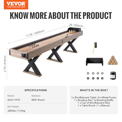 VEVOR Shuffleboard Table, 11.5 ft Shuffleboard for Family Game Rooms, 2 in 1 Shuffleboard and Bowling Combo Game Set, with Scratch-Resistant Playfield, Legs, 8 Pucks, Bowling Set, Wax, and Table Brush - size: 12ft
