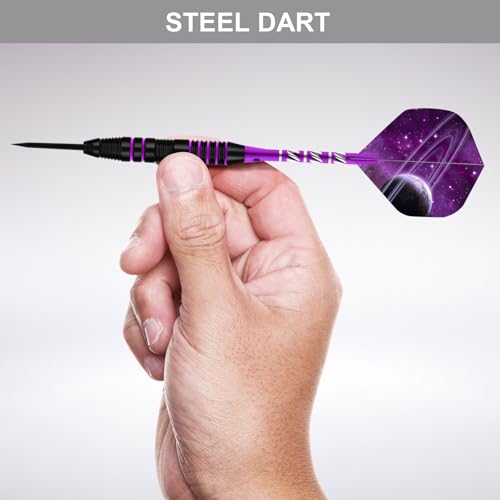 Dart Metal Tip Set 3 Aluminum Dart Shafts Steel Tip Dart Set Professional Darts Steel Tip Set + Extra 3 Dart Flights 3 Replace Plastic Shafts - color: purple