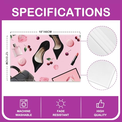 Erosebridal High Heel Placemats Set of 4 12x18 Handbag Place Mat for Girls Women Rose Cherry Macarons Fantasy Pink Black Heat Resisting Table Mats - color: Pink Black