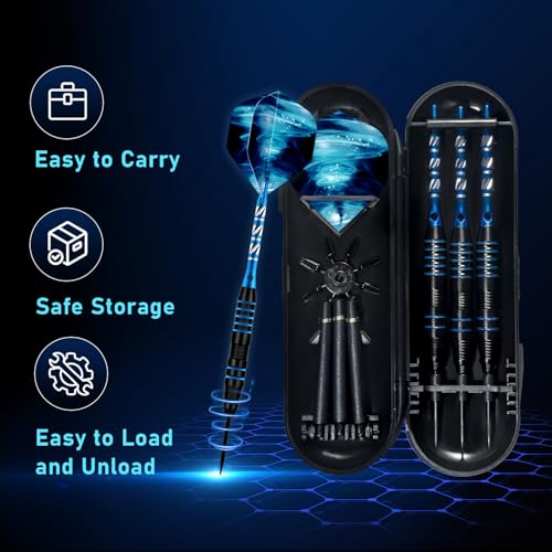 XAWU 3 Pack Steel Tip Darts Set Professional Darts 22g, 24g with 9 Dart Flights 3 Aluminum Shafts 3 Spare Shafts 1 Dart Sharpener 12 Rubber O-Rings Flight Protector and Darts Case - color: 22g Blue & Black