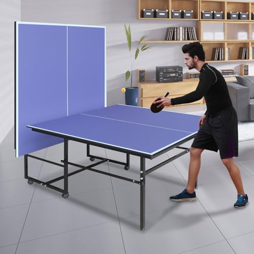 9×4.1ft Blue Professional MDF Indoor Table Tennis Table with Quick Clamp Ping Pong Net with Two Rackets and Three Balls-Blue