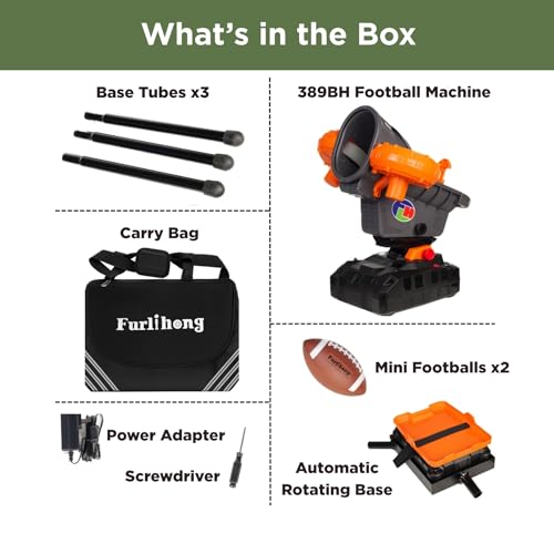 Furlihong 389BH Football Machine for Kids, Automatic & Manual Thrower, 3 Adjustable Angles, Left-Right Oscillation, Ideal for Catch & Pass Drills