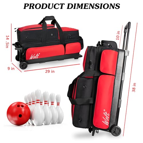 WOLT 3 Ball Bowling Bags with Wheels,Bowling Ball Bag 3 Ball Roller with Separate Shoe Compartment and Accessory Pocket, Retractable Handle Extends to 38’’ - color: red