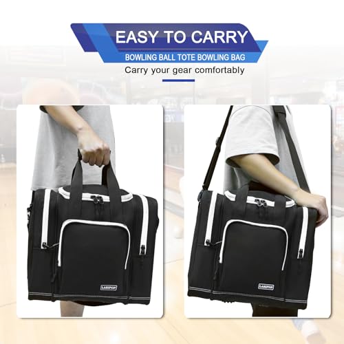 LARIPOP Bowling Ball Bag, Single Bowling Tote with Padded Ball Holder, Ventilated Shoe Pocket & Adjustable Shoulder Strap for Adult Bowlers Men Women - color: Black+White