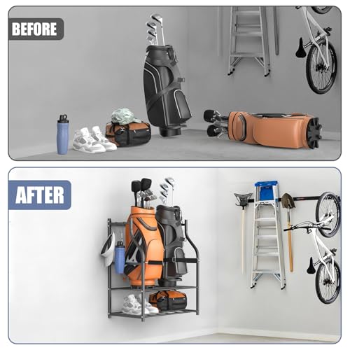 WALMANN Wall-Mounted Golf Bag Organizer, Rolling Storage Rack for 2 Golf Bags with Accessories Shelf for Garage
