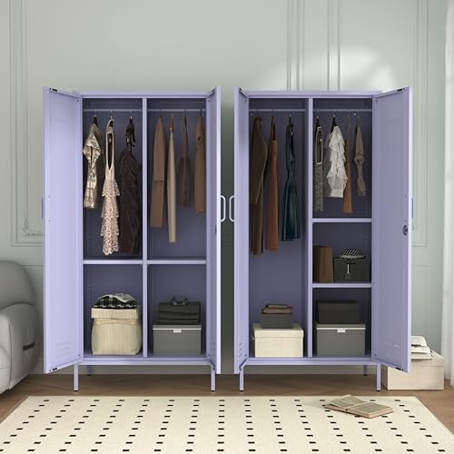 Industrial 67" Purple Lockable Metal 2-Door Storage Cabinet, Multi-Purpose Wardrobe with Hanging Rod & Adjustable Shelves, Heavy Duty for Bedroom, Garage, Home Office 67"H X 31.5"W X 18.1"D - color: Lilac, style: Wardrobe-67"H-JS