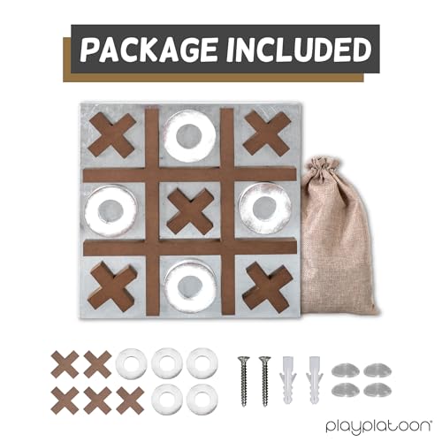 Play Platoon Magnetic Tic Tac Toe Game - Large Metal and Wooden Wall Mounted Board Games - 13.5 Inch Table Top or Wall Mounted Farmhouse Rustic for Game Room - Barnwood - color: Barnwood & Rustic White